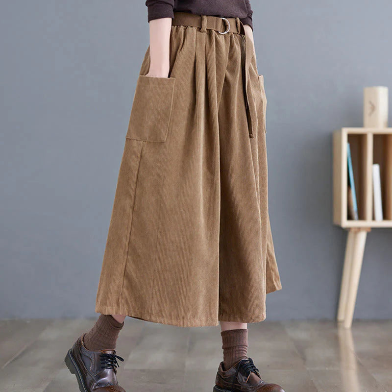 Buddha Stones Retro Women's Wide Leg 7-8 Length Corduroy Pants With Pockets Belt