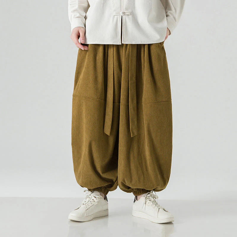 Buddha Stones Winter Solid Color Men's Harem Pure Cotton Corduroy Pants With Pockets