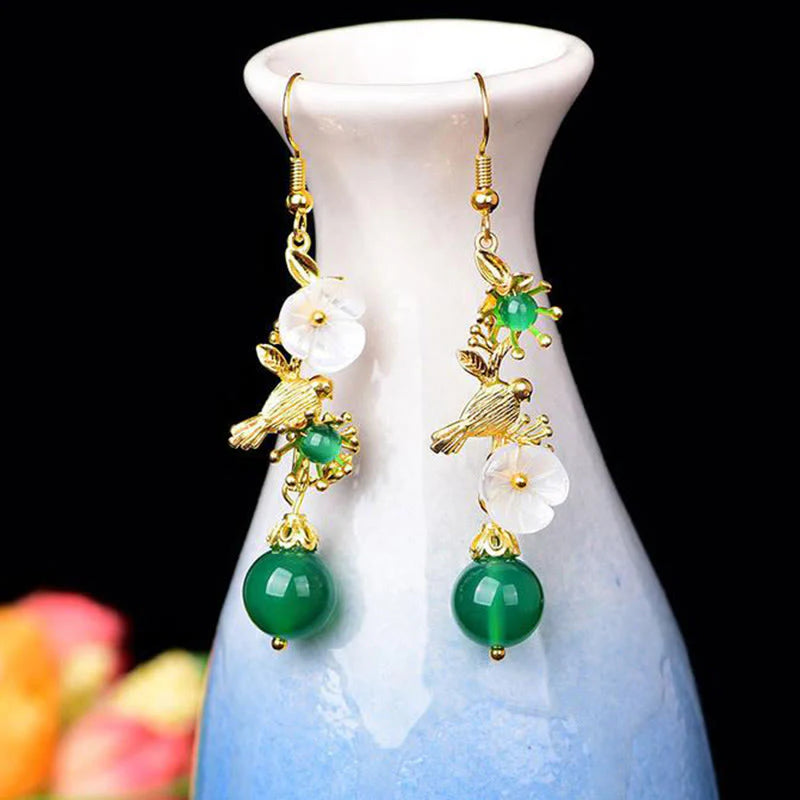 Buddha Stones Green Agate Bead White Flower Bird Power Drop Earrings