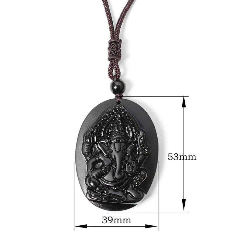Buddha Stones Ganesh Elephant Relief Design Natural Black Obsidian Strength Necklace Pendant