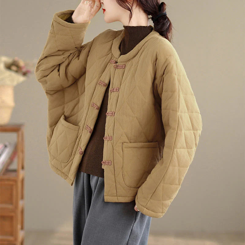 Buddha Stones Winter Frog-Button Diamond-shaped Lines Cotton Long Sleeve Women's Thermal Jacket With Pockets