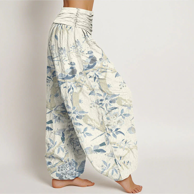 Buddha Stones Cotton Birds Branches Flowers Pattern Women's Elastic Waist Harem Pants