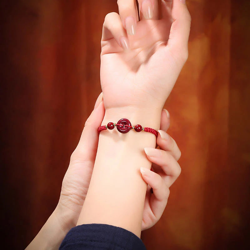 Buddha Stones Natural Cinnabar Peace Buckle Blessing String Bracelet