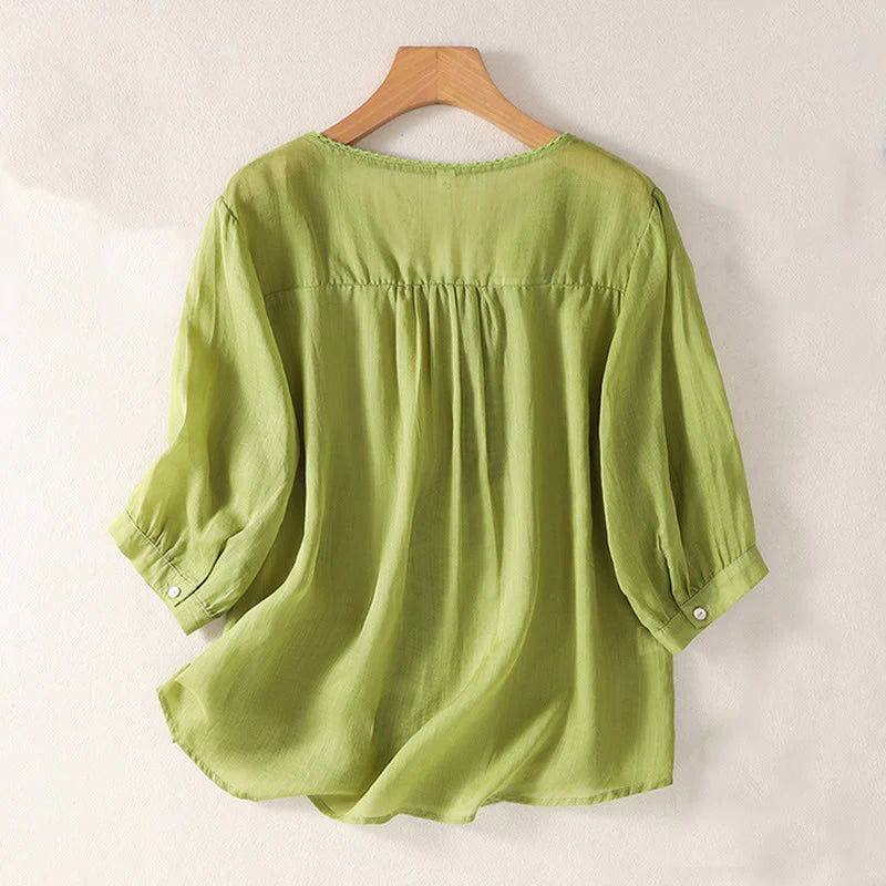 Buddha Stones Casual Embroidered Pattern Women's V-neck Design Half Sleeve Cotton Linen T-shirt