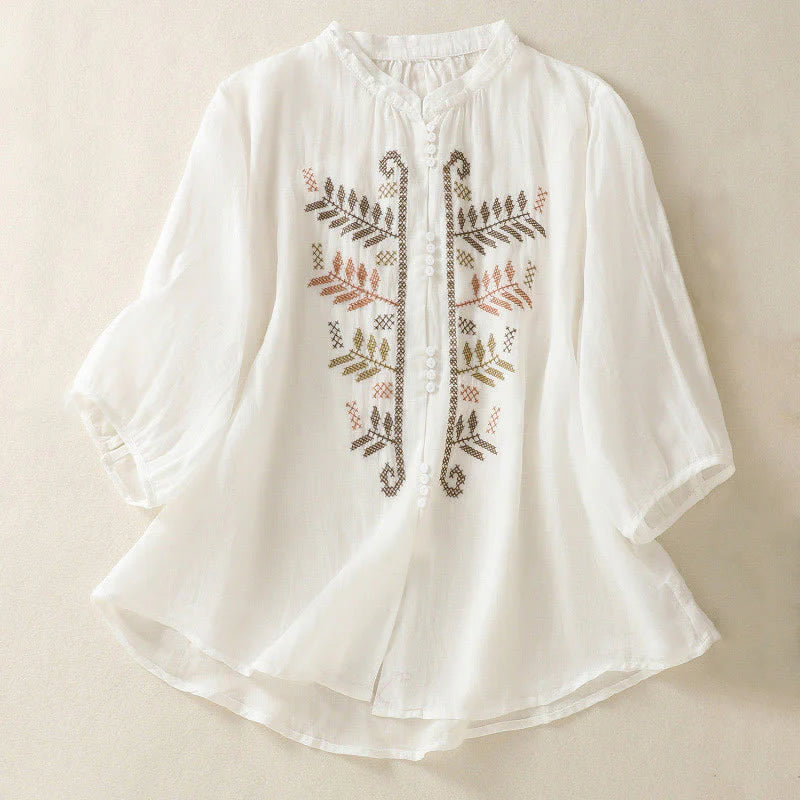Buddha Stones Casual Artistic Embroidery Leaves Pattern Women's Cotton Linen Three Quarter Sleeve Shirt Cardigan