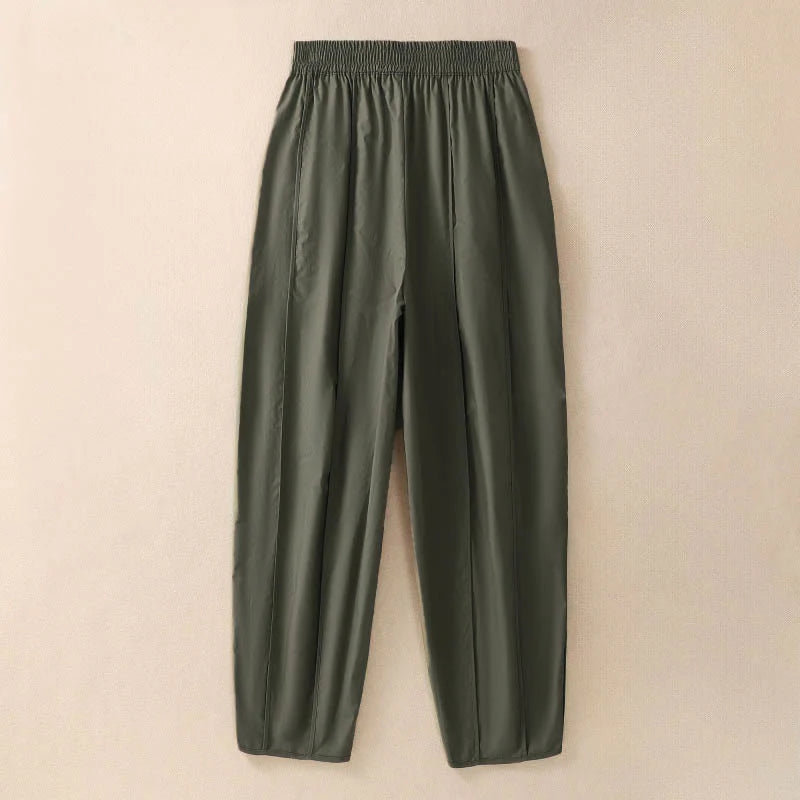 Buddha Stones Summer Simple Pure Color High Waisted Pleated Women's Harem Pants With Pockets