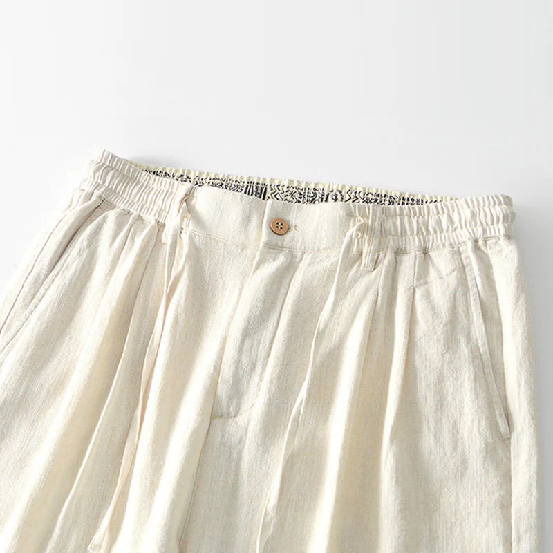 Buddha Stones Fall Solid Drawstring Zipper Men's Linen Wide Leg Pants With Pockets