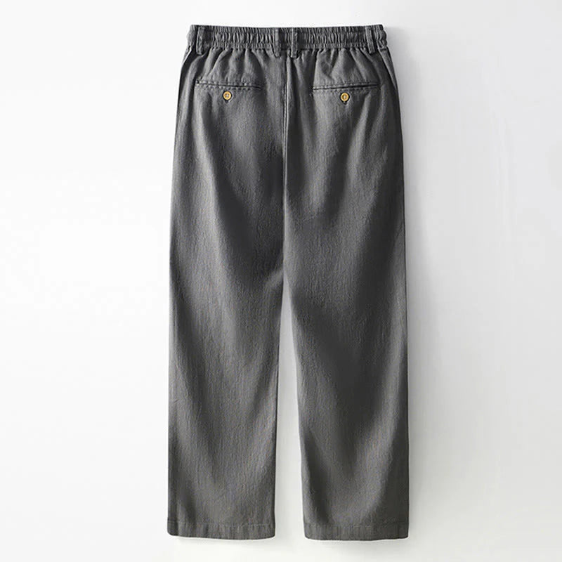 Buddha Stones Fall Solid Drawstring Zipper Men's Linen Wide Leg Pants With Pockets