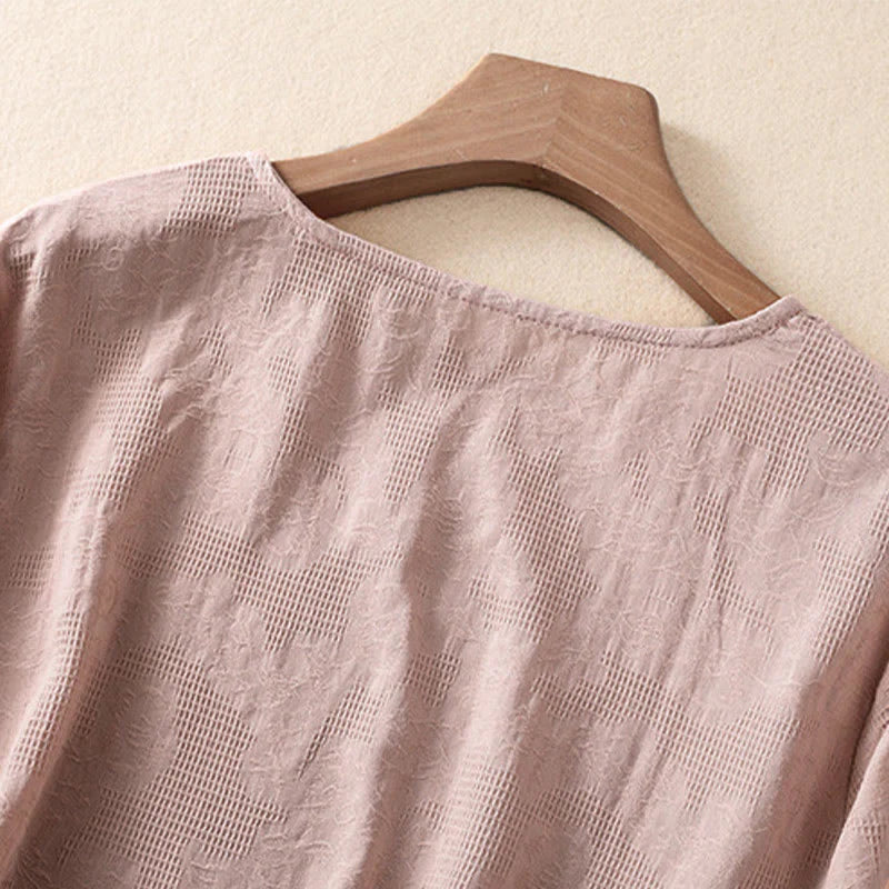 Buddha Stones Jacquard Irregular Hem Pleated Design Women's Cotton Long Sleeve Shirt