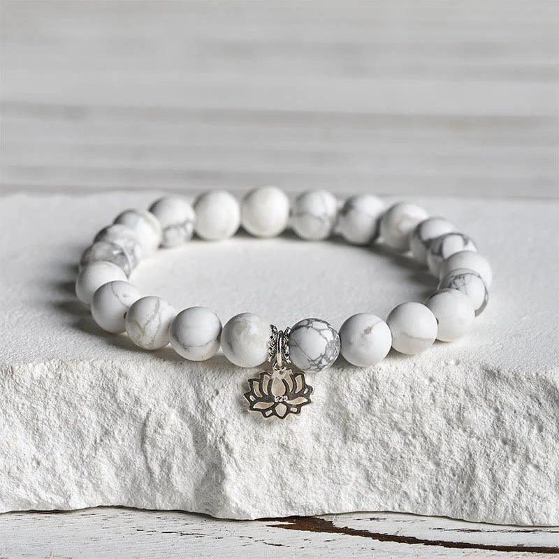 Buddha Stones 925 Sterling Silver Lotus Design Natural White Turquoise Wealth Bracelet