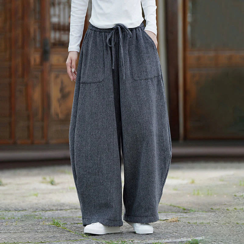 Buddha Stones Winter Men's Pure Color Drawstring Design Cotton High Waist Pants With Pockets