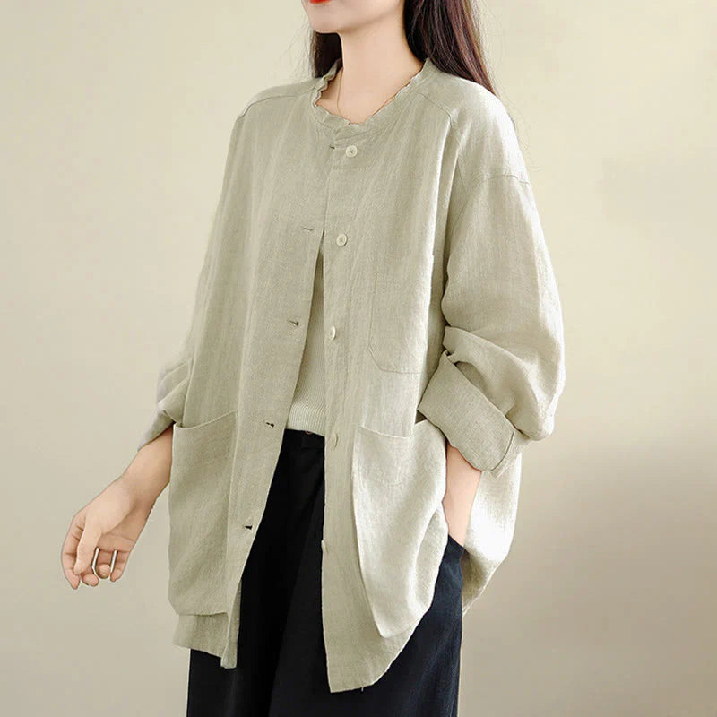Buddha Stones Spring Crew Neck Long Sleeve Plain Women's Cotton Buttons Shirt With Pockets