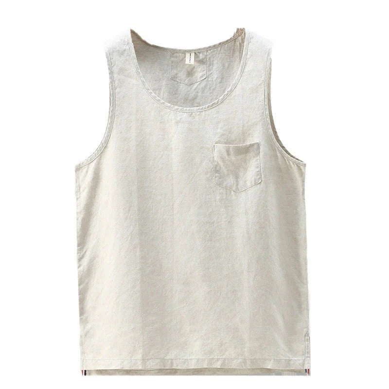 Buddha Stones Summer Solid Color Side Slit Design Sleeveless Men's Linen Vest