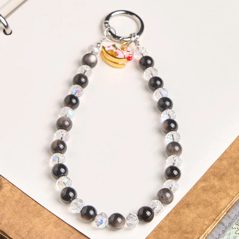 Buddha Stones Year of the Horse Silver Sheen Obsidian Protection Key Chain Phone Hanging Decoration