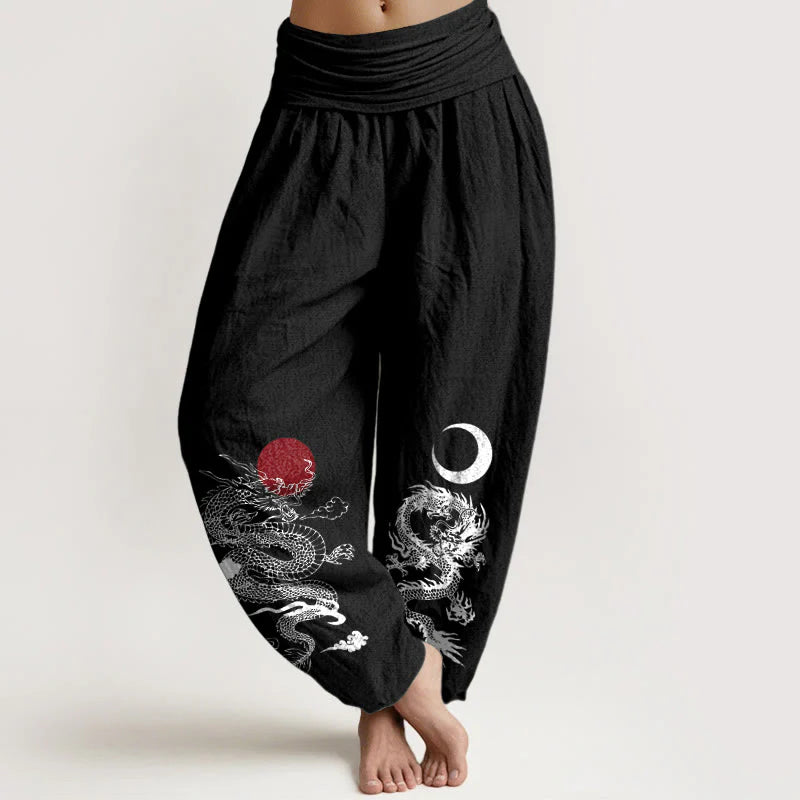 Buddha Stones Pure Cotton Dragon Sun Moon Pattern Women's Elastic Waist Harem Pants