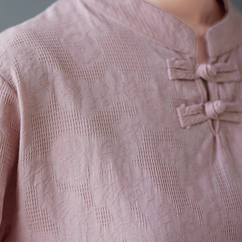 Buddha Stones Vintage Summer Stereoscopic Flower Embroidery Three Quarter Sleeve Frog-Button Cotton Linen Women's Shirt