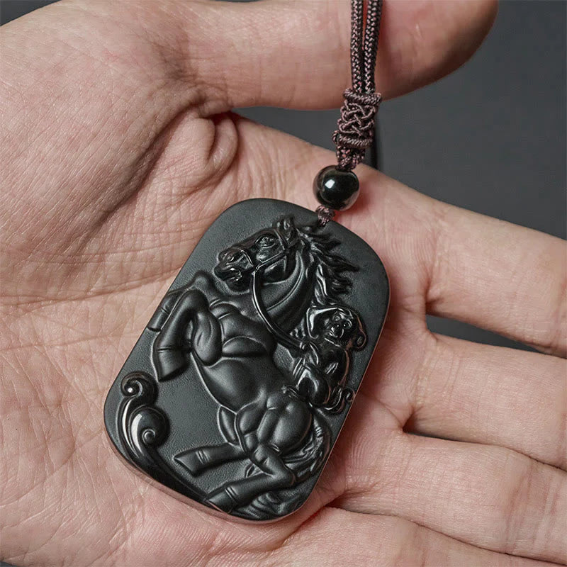 Buddha Stones Year of the Horse Monkey Design Black Obsidian Purification Necklace Pendant