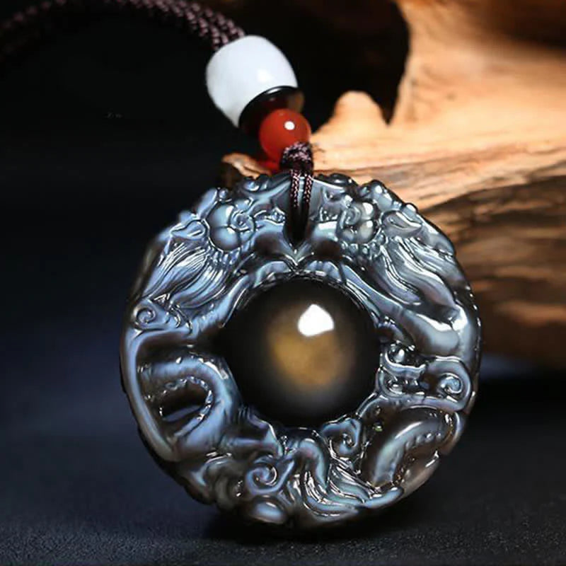 Buddha Stones Natural Gold Sheen Obsidian Rainbow Obsidian Dragon Strength Necklace Pendant (Extra 35% Off | USE CODE: FS35)