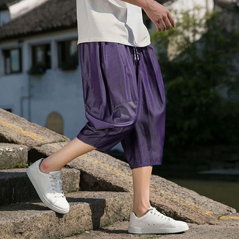 Buddha Stones Summer Elastic Waist Drawstring Solid Color Half Men's Tapered Pants With Pockets