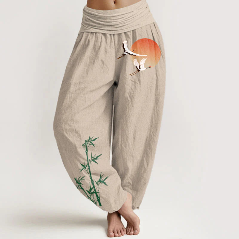 Buddha Stones Pure Cotton Elegant Sun Crane Bamboo Pattern Women's Elastic Waist Harem Pants