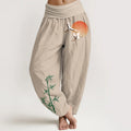 Buddha Stones Pure Cotton Elegant Sun Crane Bamboo Pattern Women's Elastic Waist Harem Pants