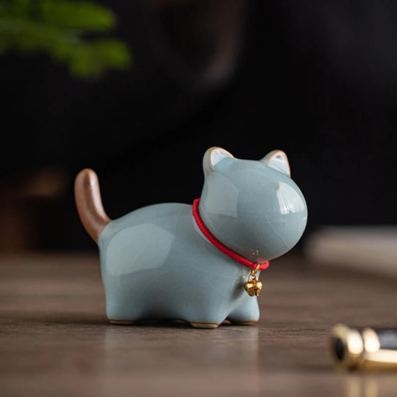 Buddha Stones Mini Lucky Cute Standing Cat Red Rope Bell Ceramic Figurine Decoration