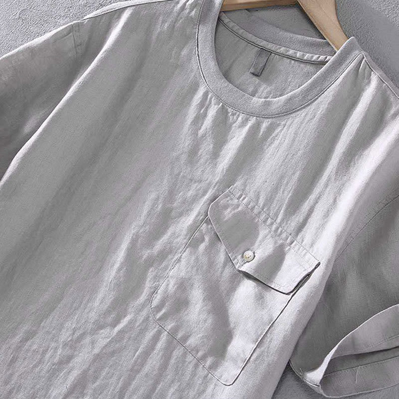Buddha Stones Crew Neck Simple Design Men's Short Sleeve Linen Shirt With Pocket