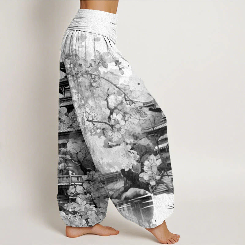 Buddha Stones Cotton Pavilion Cherry Blossom Pattern Women's Elastic Waist Harem Pants