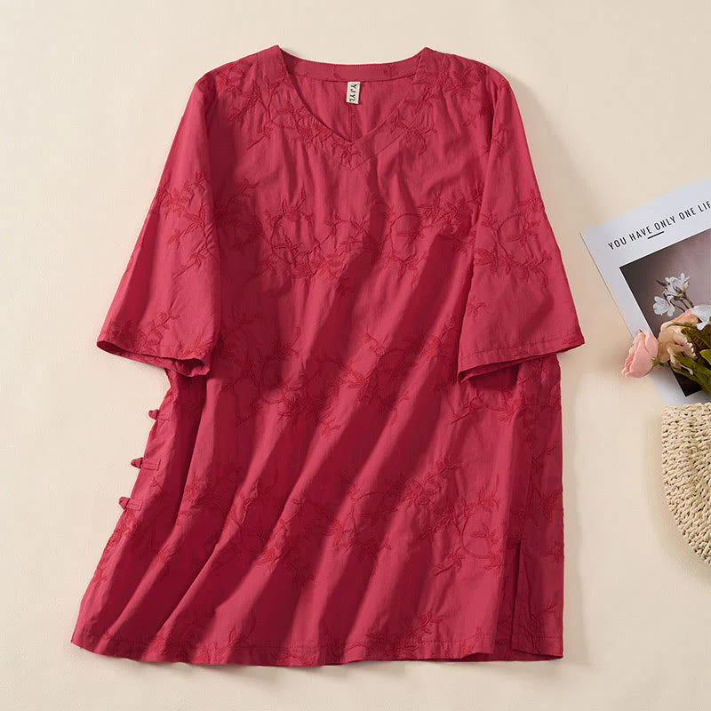 Buddha Stones Spring V-Neck Long Sleeve Leaf Pattern Women's Cotton Shirt