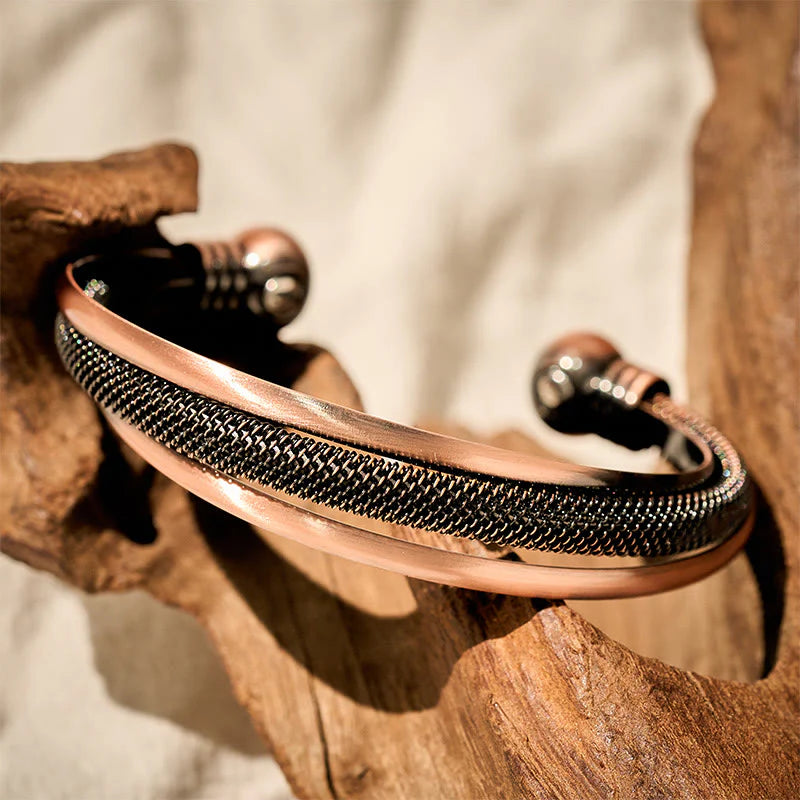 Buddha Stones Retro Textured Flower Pattern Twisted Copper Balance Luck Open Cuff Bracelet Bangle