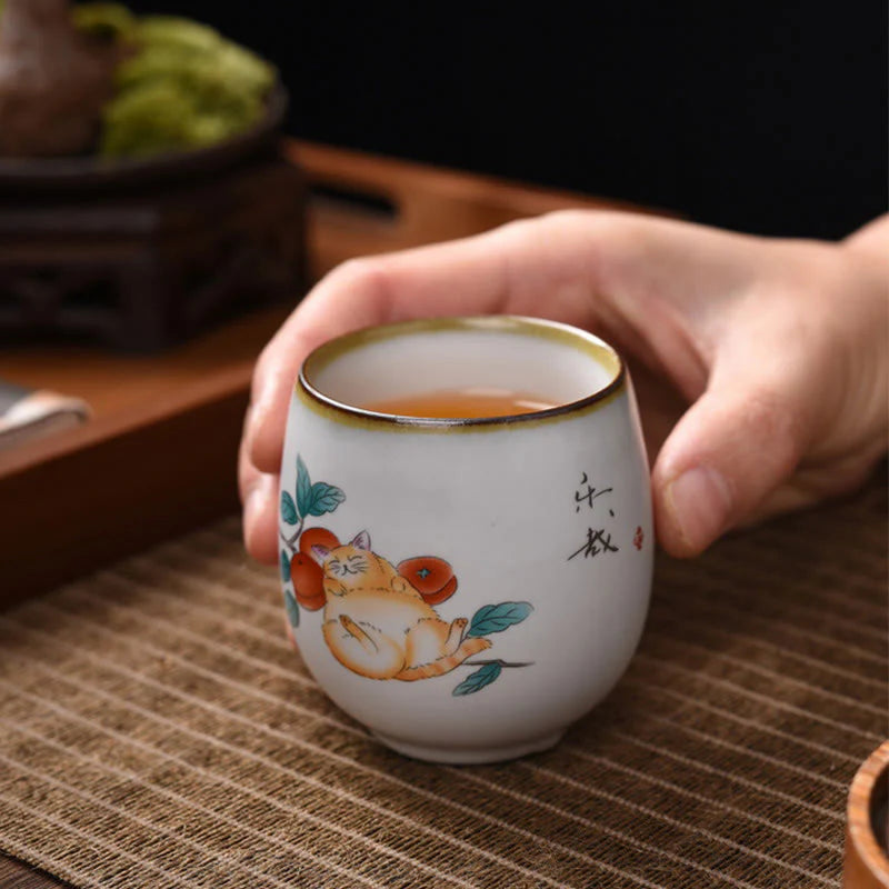 Buddha Stones Cute Lying Cat Branches Teacup Kung Fu Tea Cup