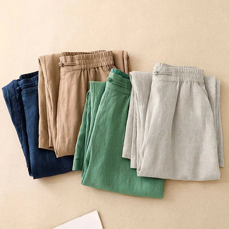Buddha Stones Daily Solid Color Elastic Waistband Frog-Button Cotton Women's Wide Leg Pants With Pockets