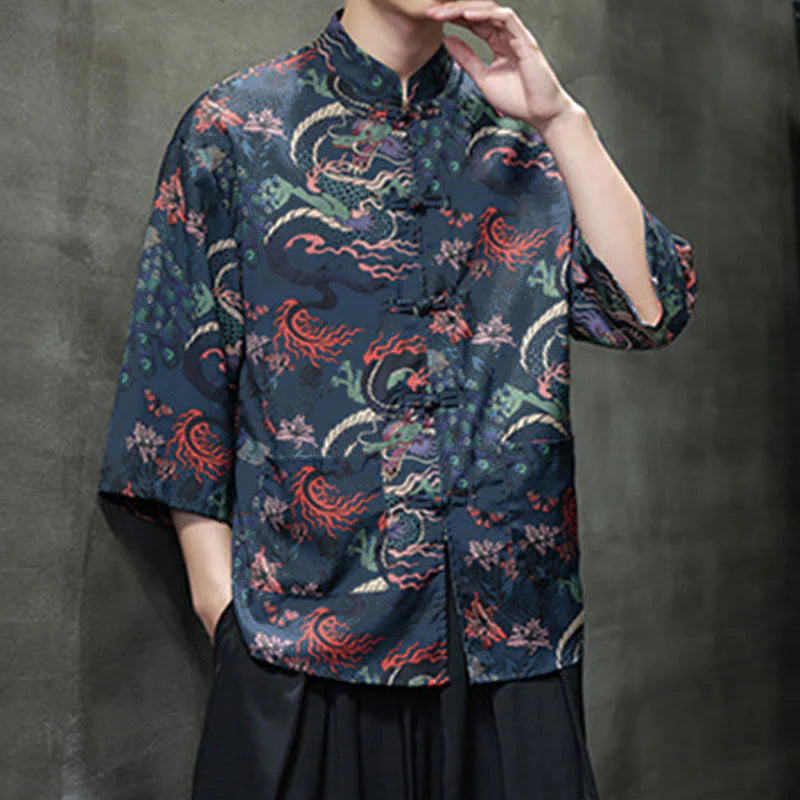 Buddha Stones Spring Frog-Button Dragon Mountain Flower Three Quarter Sleeve Tang Suit Men's Shirt With Pockets