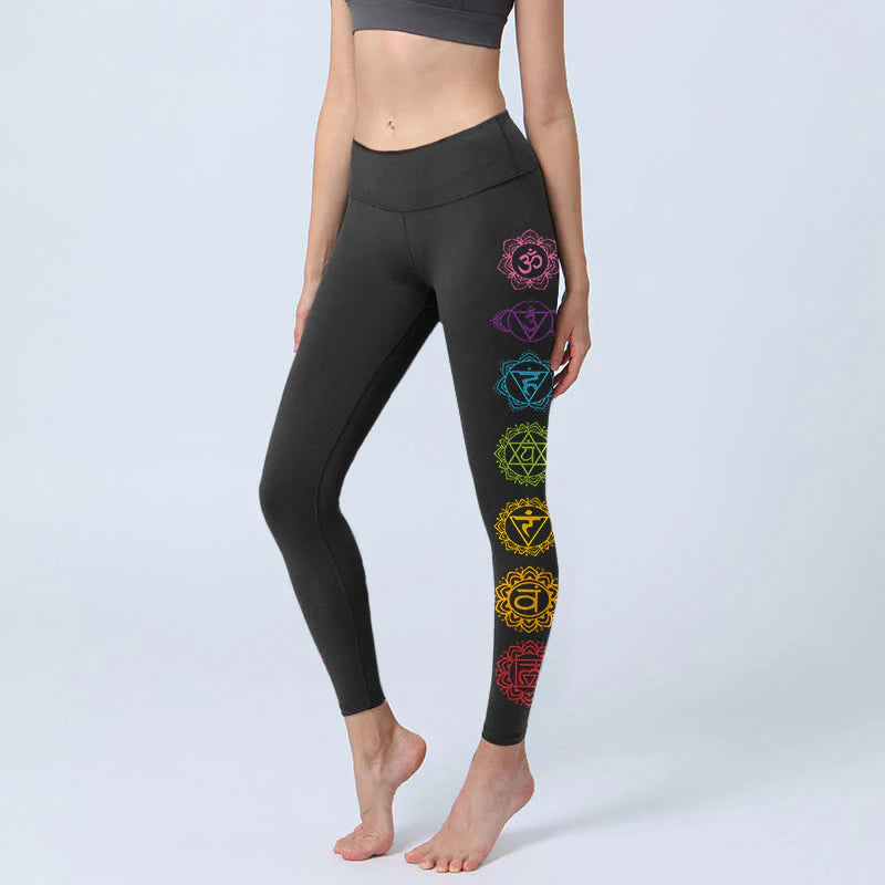 Buddha Stones OM Symbol Sanskrit Characters Print Gym Leggings Women's Yoga Pants