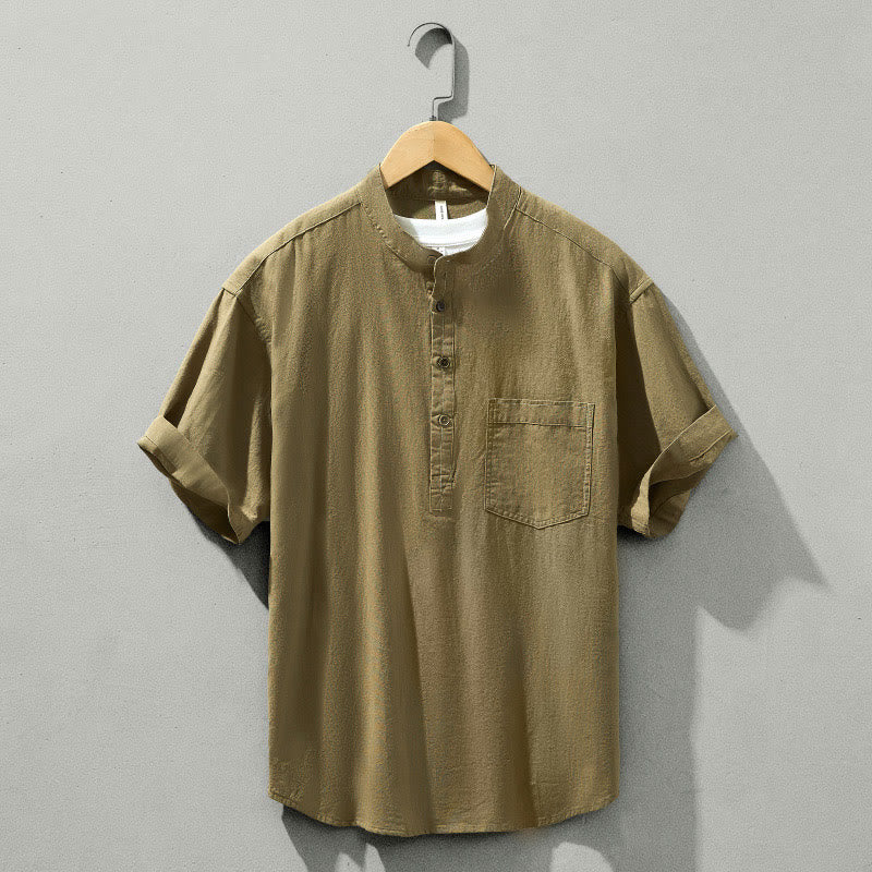 Buddha Stones Summer Solid Men's Half Button Short Sleeve Cotton Shirt