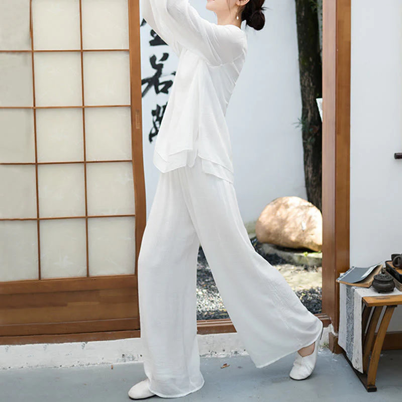 Buddha Stones 2Pcs White Long Sleeve V-Neck Shirt Wide Leg Pants Meditation Women's Set