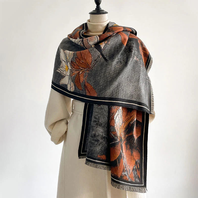 Buddha Stones Winter White Magnolia Flowers Little Bird Pattern Warm Cozy Scarf Shawl