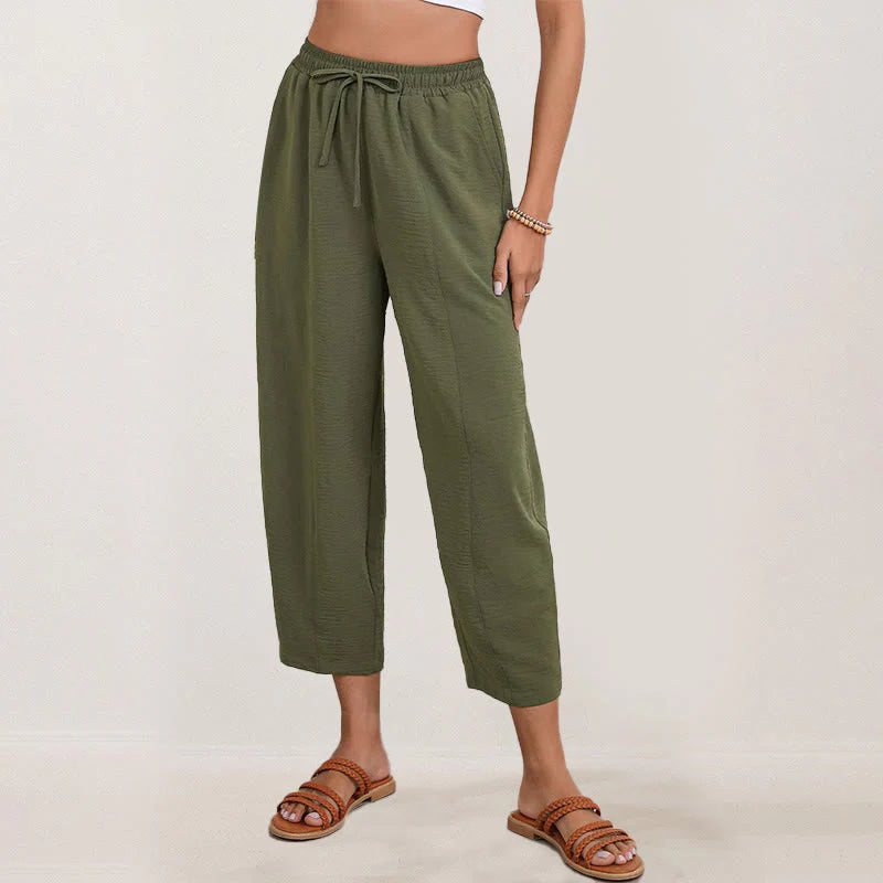 Buddha Stones Casual Plain Loose Drawstring Women's Polyester 7/8 Length Pants  With Pockets