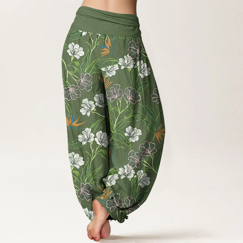 Buddha Stones Cotton Contrasting Colors Flower Leaf Pattern Women's Elastic Waist Harem Pants