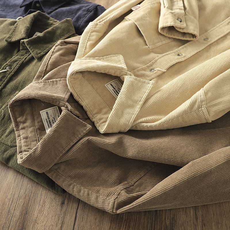 Buddha Stones Lapel Corduroy Solid Color Men's Long Sleeve Cotton Thickened Jacket With Pockets