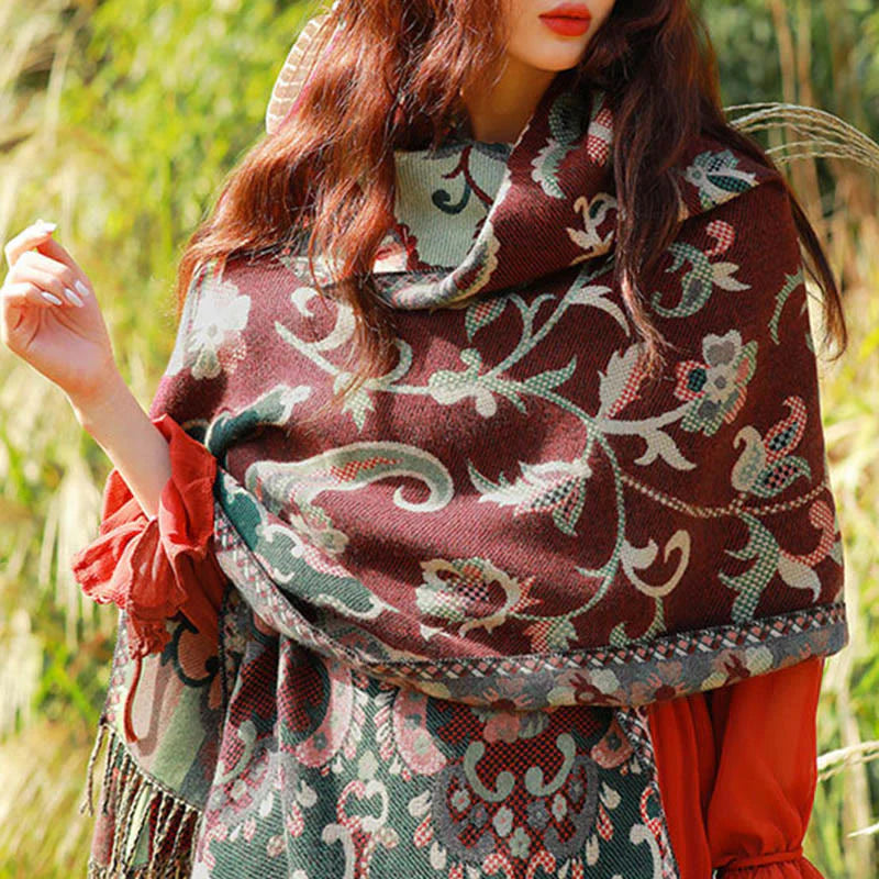 Buddha Stones Jacquard Ethnic Paisley Plants Pattern Tassel Soft Thermal Scarf Shawl
