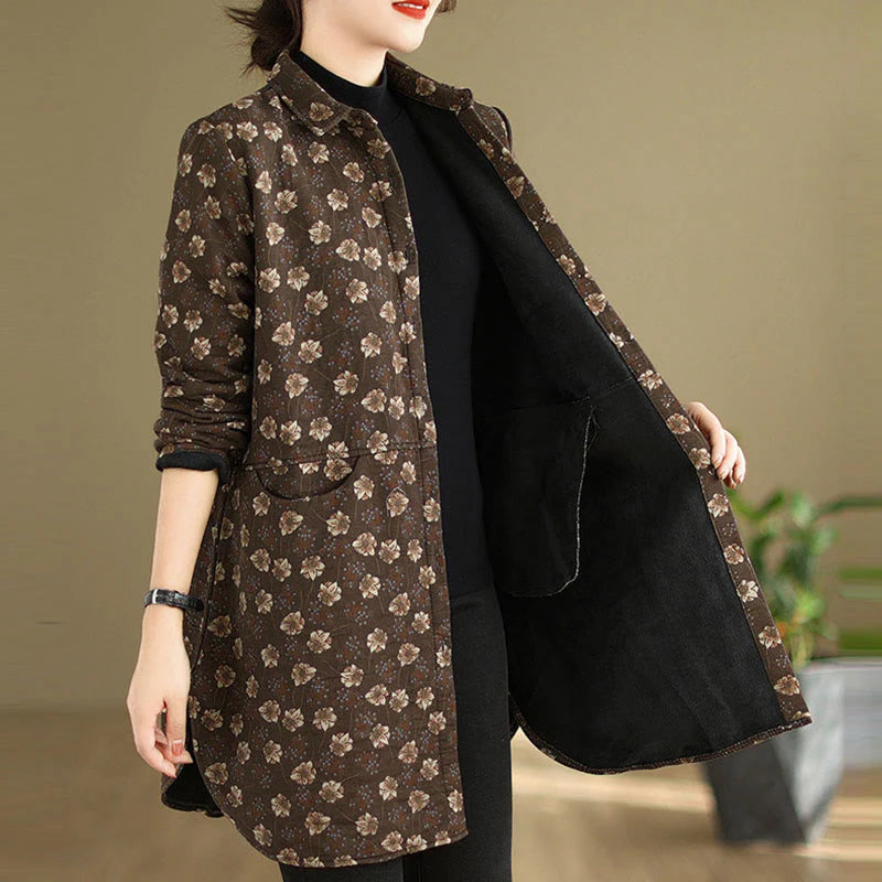 Buddha Stones Fall Winter Buttons Flower Patterns Long Sleeve Cotton Women's Jacket With Pockets