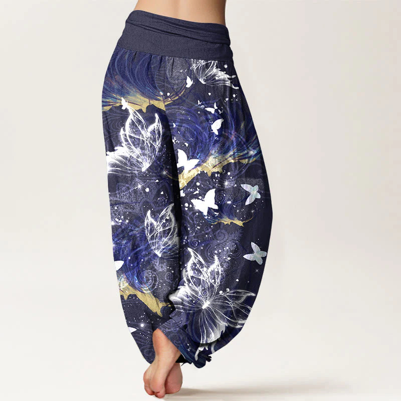 Buddha Stones Pure Cotton Dreamlike Butterfly Line Pattern Women's Elastic Waist Harem Pants