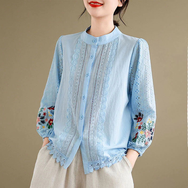 Buddha Stones Fall Lace Embroidery Flower Leaf Pattern Stand Collar Buttons Women's Long Sleeve Shirt