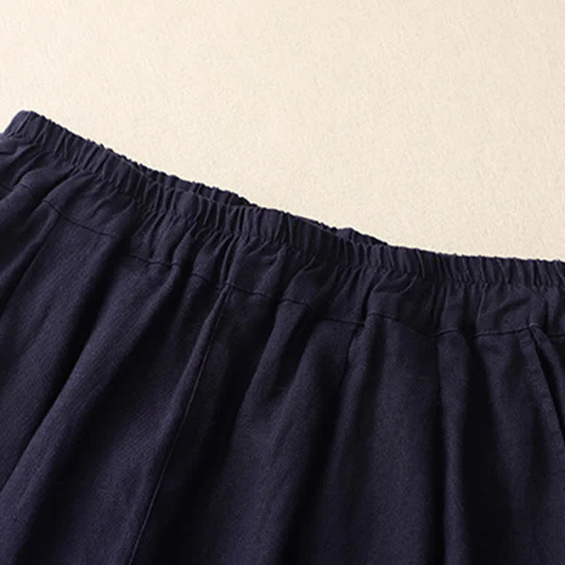 Buddha Stones Summer Plain Elastic Waist Two-tone Cuffs Cropped Women's Tapered Pants With Pockets
