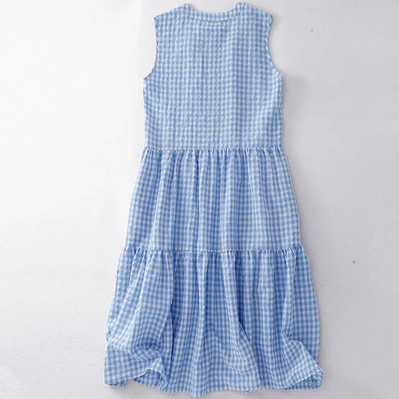 Buddha Stones Crew Neck Sleeveless Plaid Summer Cotton Knee Length Dress