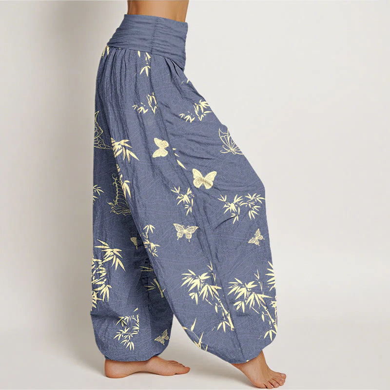 Buddha Stones Cotton Elegant Butterfly Bamboo Pattern Women's Elastic Waist Harem Pants