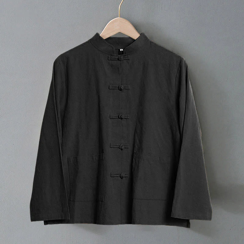 Buddha Stones Ethnic Frog-Button Long Sleeve Stand Collar Women's Cotton Shirt With Pockets