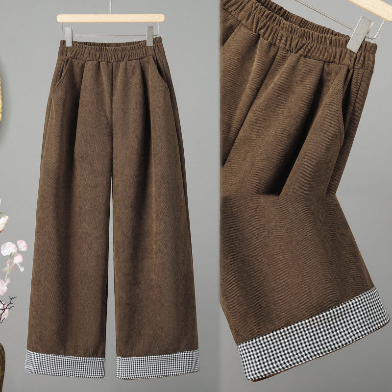Buddha Stones Plain Elastic Waist Patchwork Plaid Women's Ankle-Length Wide Leg Corduroy Pants