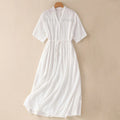 Buddha Stones Summer Plain Hollow Jacquard Design Cotton Short Sleeve Midi Dress With Pockets